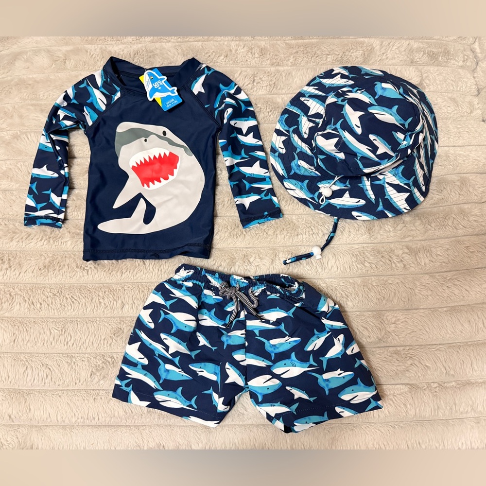 New 3 pc Rash Guard Swim set shirt, trunks & hat blue sharks 3-6 months